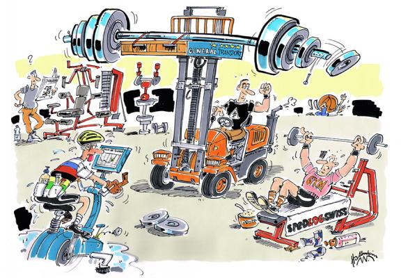 Karikatur Hochstapler, Individuelle Karikatur für Mitarbeiter von Spedlogswiss zum Thema: Stapler