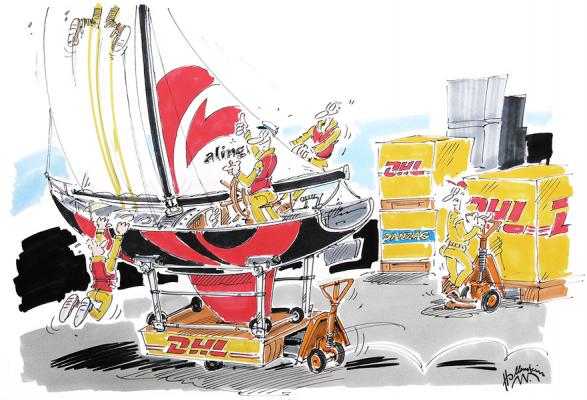 Karikatur Seefracht, Individuelle Karikatur für Mitarbeiter von DHL zum Thema: Seefracht