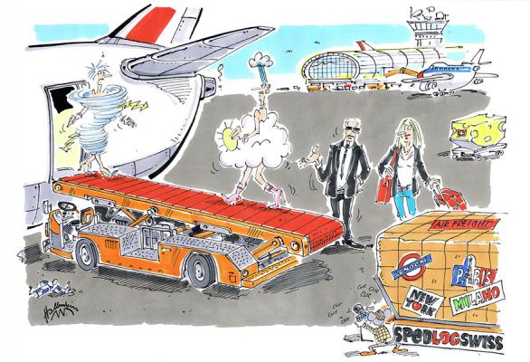 Karikatur-Luftfracht, Individuelle Karikatur für Mitarbeiter von Spedlogswiss zum Thema: Luftfracht
