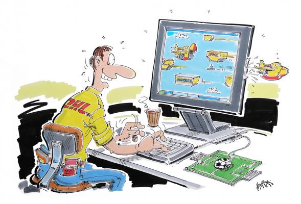 Karikatur Luftfracht, Individuelle Karikatur für Mitarbeiter von DHL zum Thema: Luftfracht