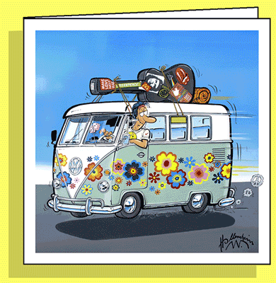 FlowerCard / Peace Bus, Karte mit Loch für eine Blume,Wasserbehälter in der Karte / Handsigniert