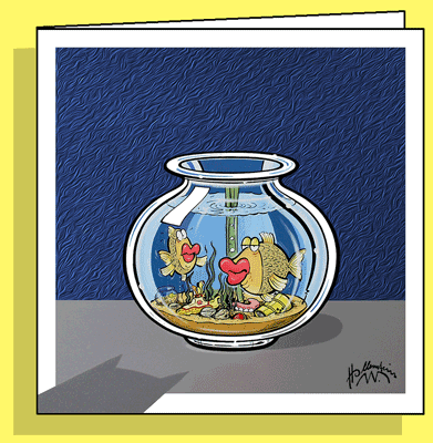 FlowerCard / Goldfish, Karte mit Loch für eine Blume,Wasserbehälter in der Karte / Handsigniert