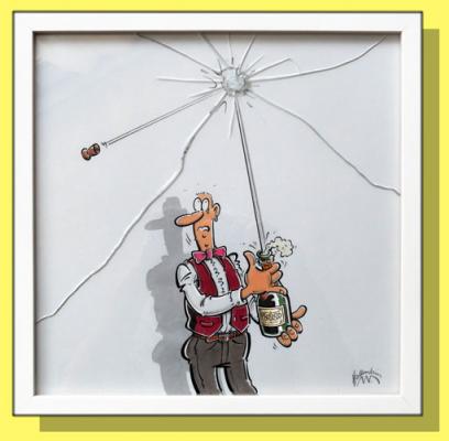 Prosecco Original Zeichnung, Original Bild mit zerbrochenem Glas 