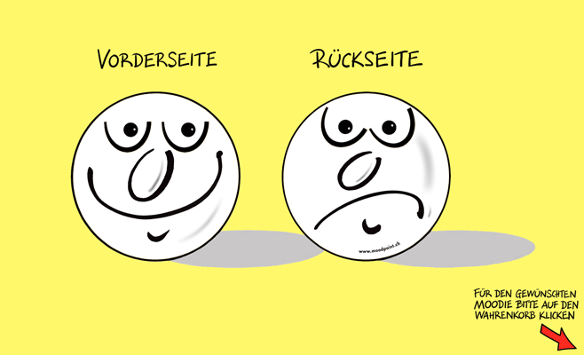 Moodie Weiss, Blechrondelle mit zwei Gesichtern zum aufstellen oder mit Magnet auf einen geeigneten Untergrund kleben. Erhältlich in Blau, Gelb, Orange, Pink, Rot, Weiss und Grün