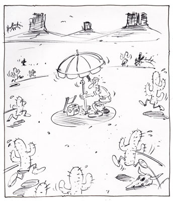 Mittags in der Wüste, Entwurf für einen Cartoon zum Thema Sonnenschirme und Sonnenstoren