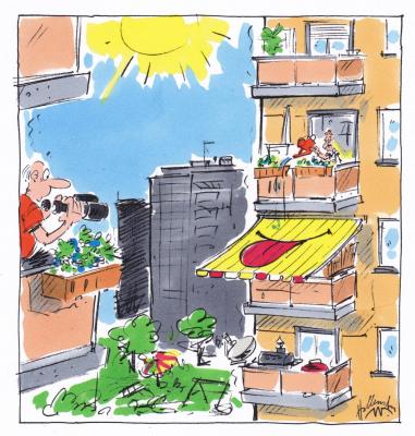 Nachbarn, Entwurf für einen Cartoon zum Thema Sonnenschirme und Sonnenstoren